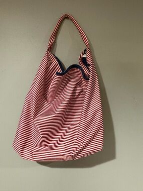 Lancôme Red and White Striped Tote Bag with Navy Trim